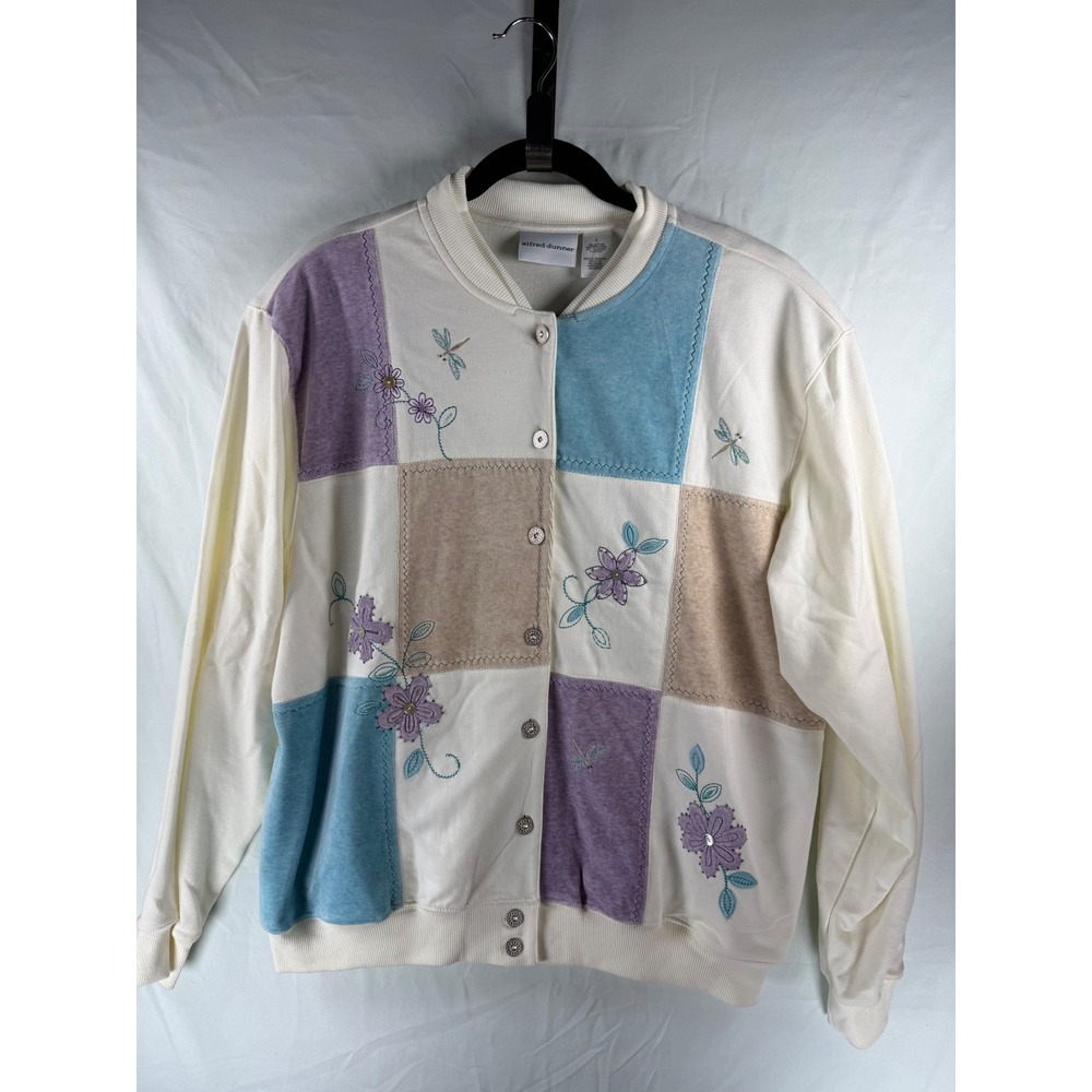 Alfred Dunner Womens L Patchwork Floral Dragonfly Embroidered Cardigan Jacket